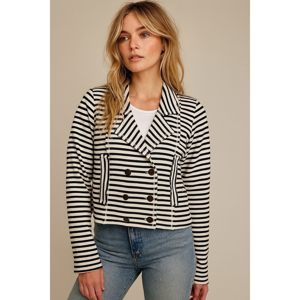 Free People Striped Knit Blazer Jacket M Black White Nautical Y2K Inspired